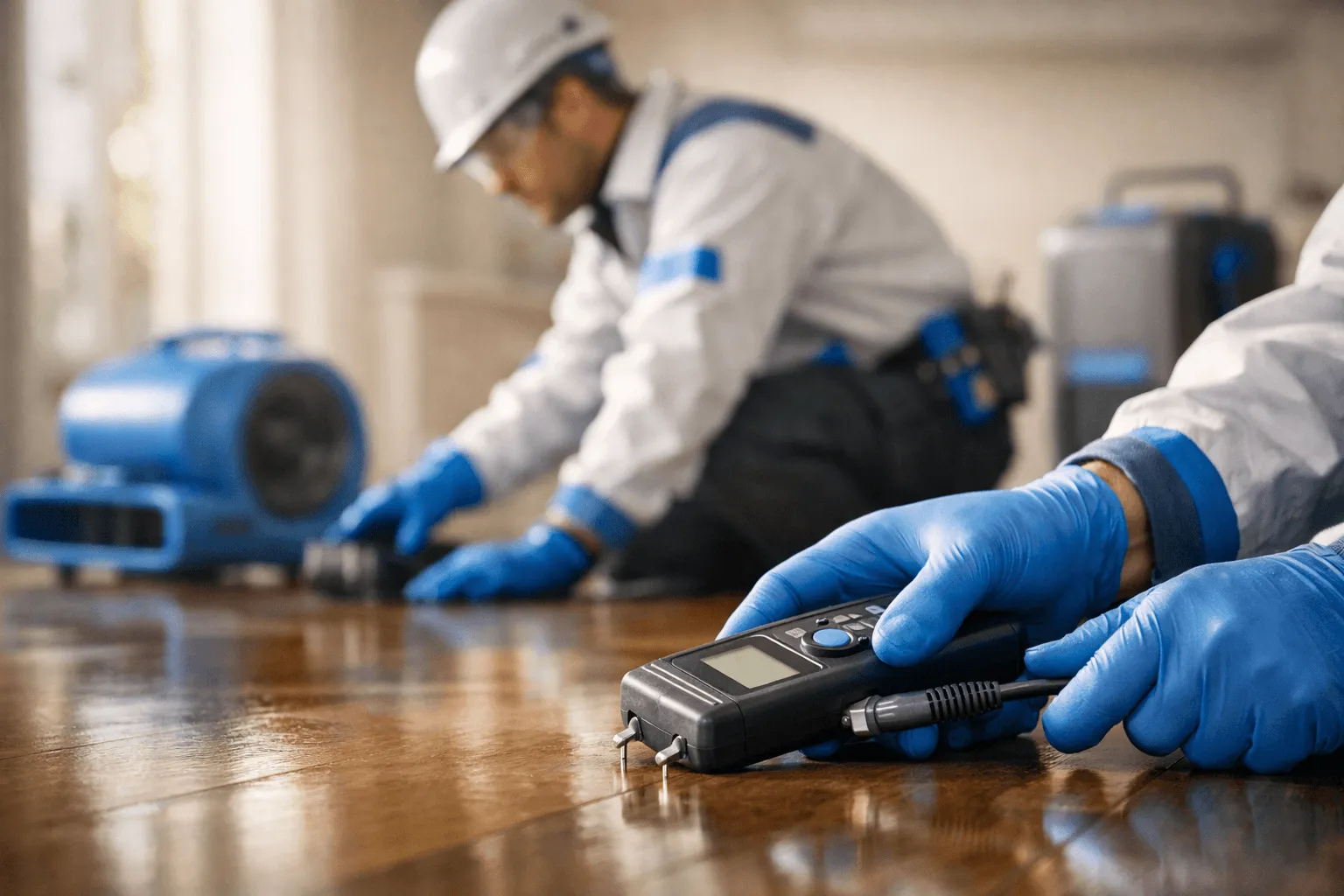 Technician in PPE using moisture detection device on hardwood floor during water damage restoration