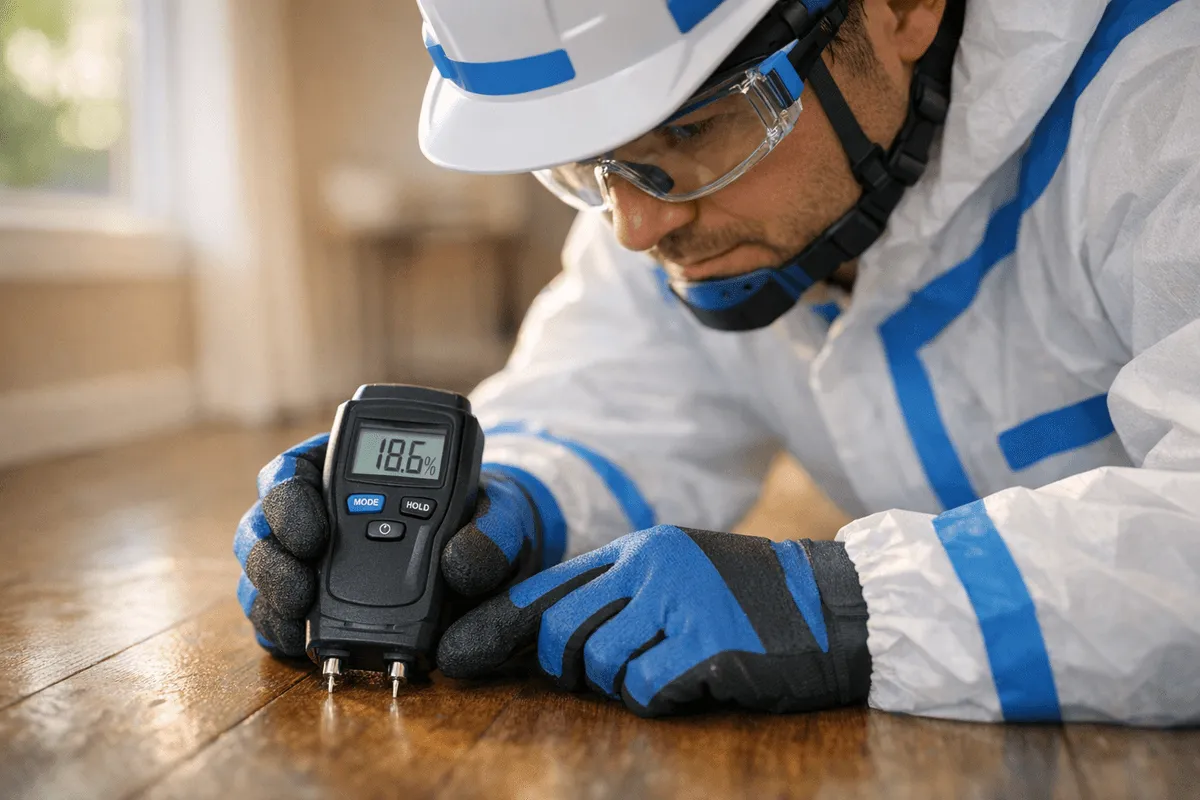 Close-up of gloved hands operating moisture meter on wooden floor in water damage restoration
